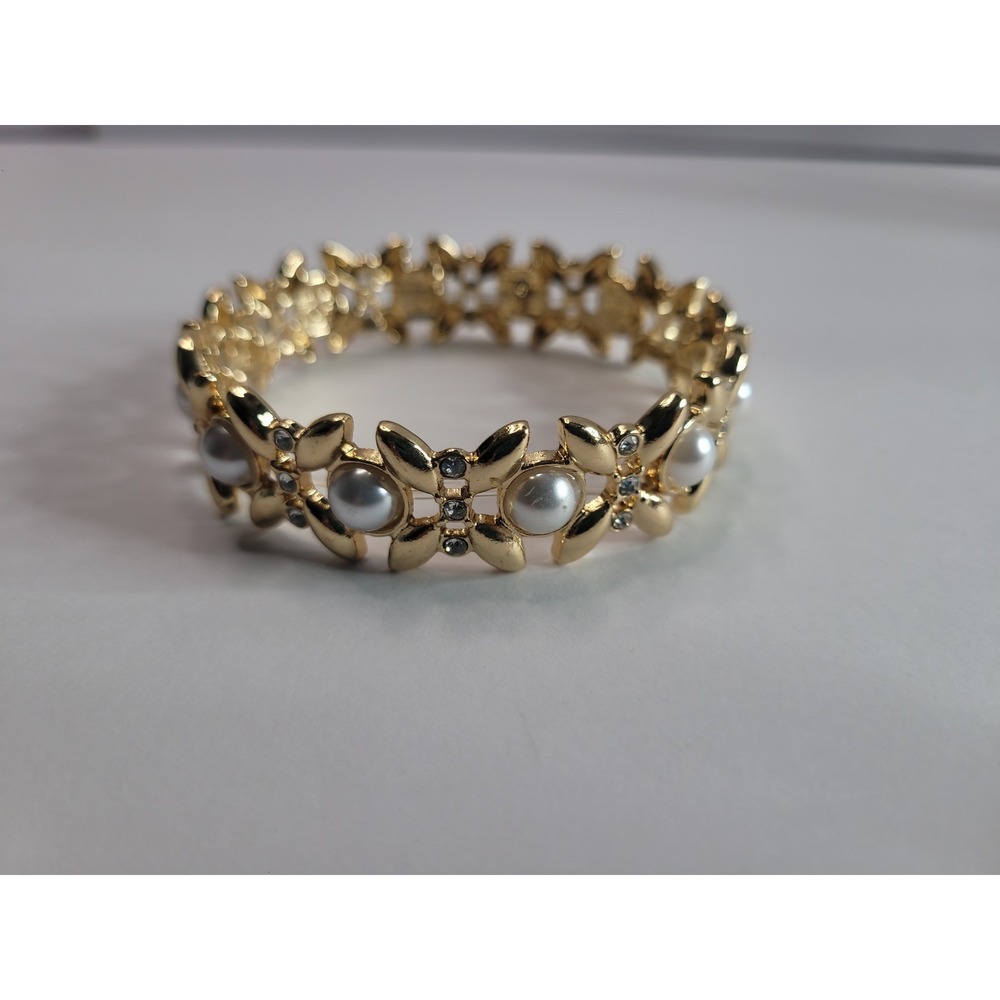 Gold Tone White Faux Pearl Rhinestone Floral Leaf Stretch Bracelet Statement